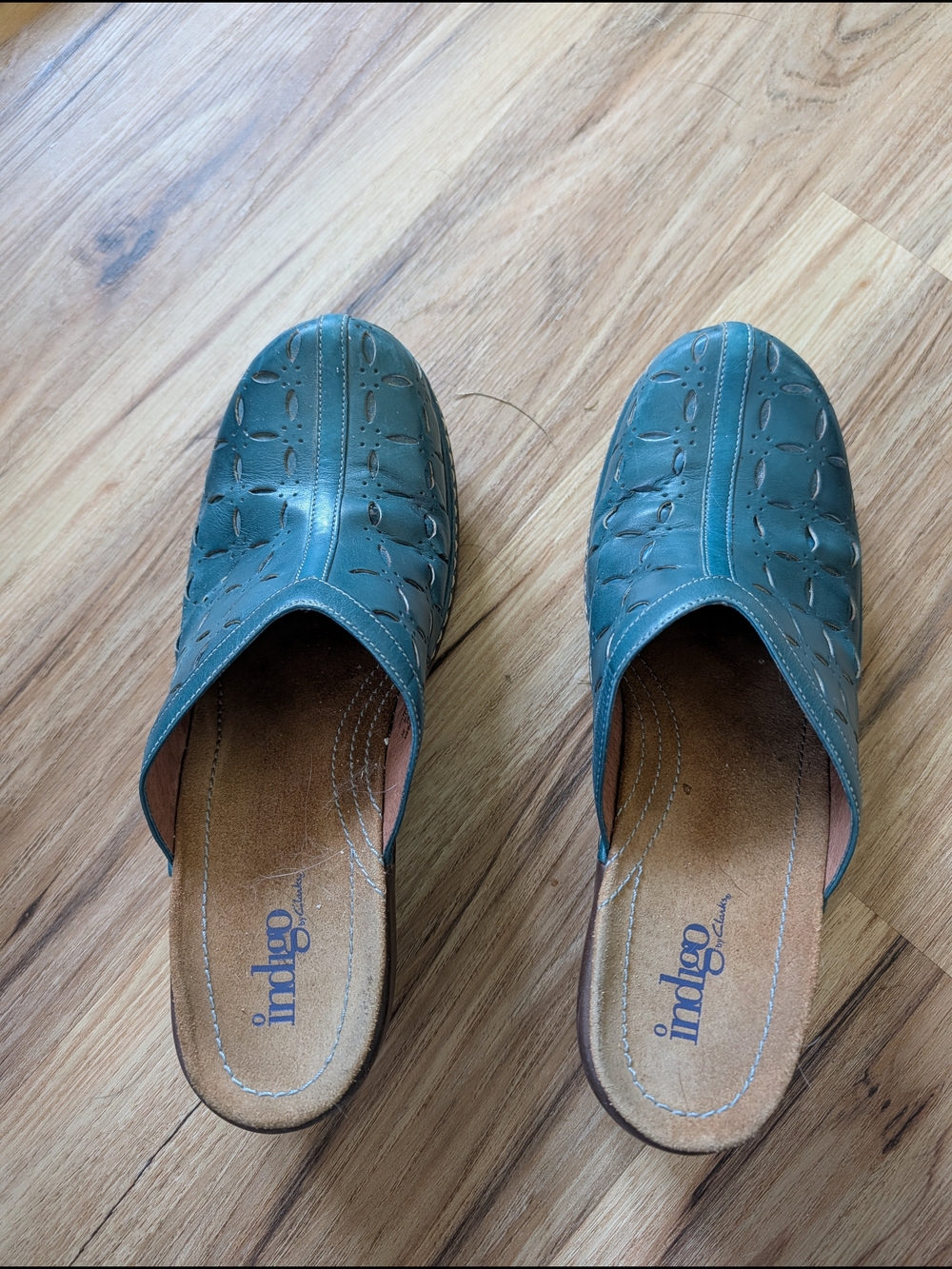 Teal Perforated Leather Slip-On Mules